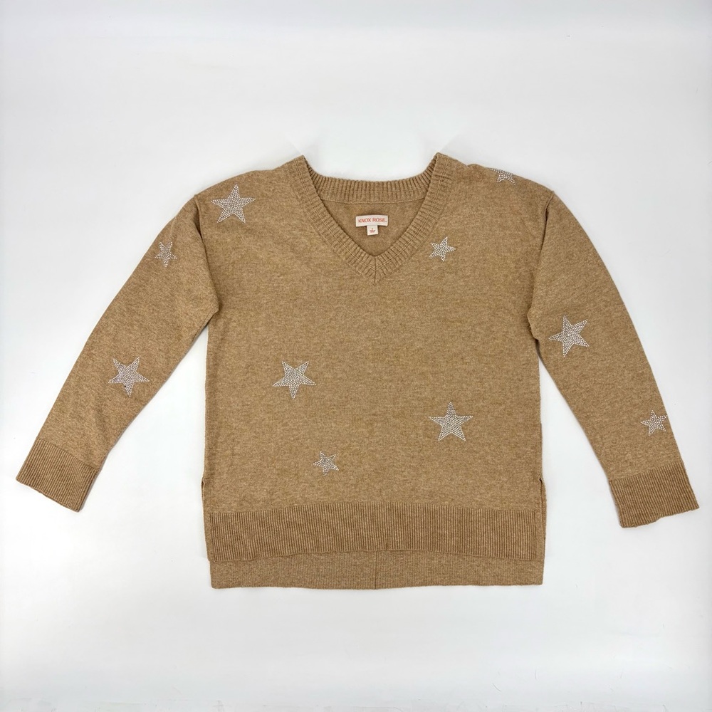 Star Rhinestone Embellished V-Neck Sweater Camel Brown / Tan